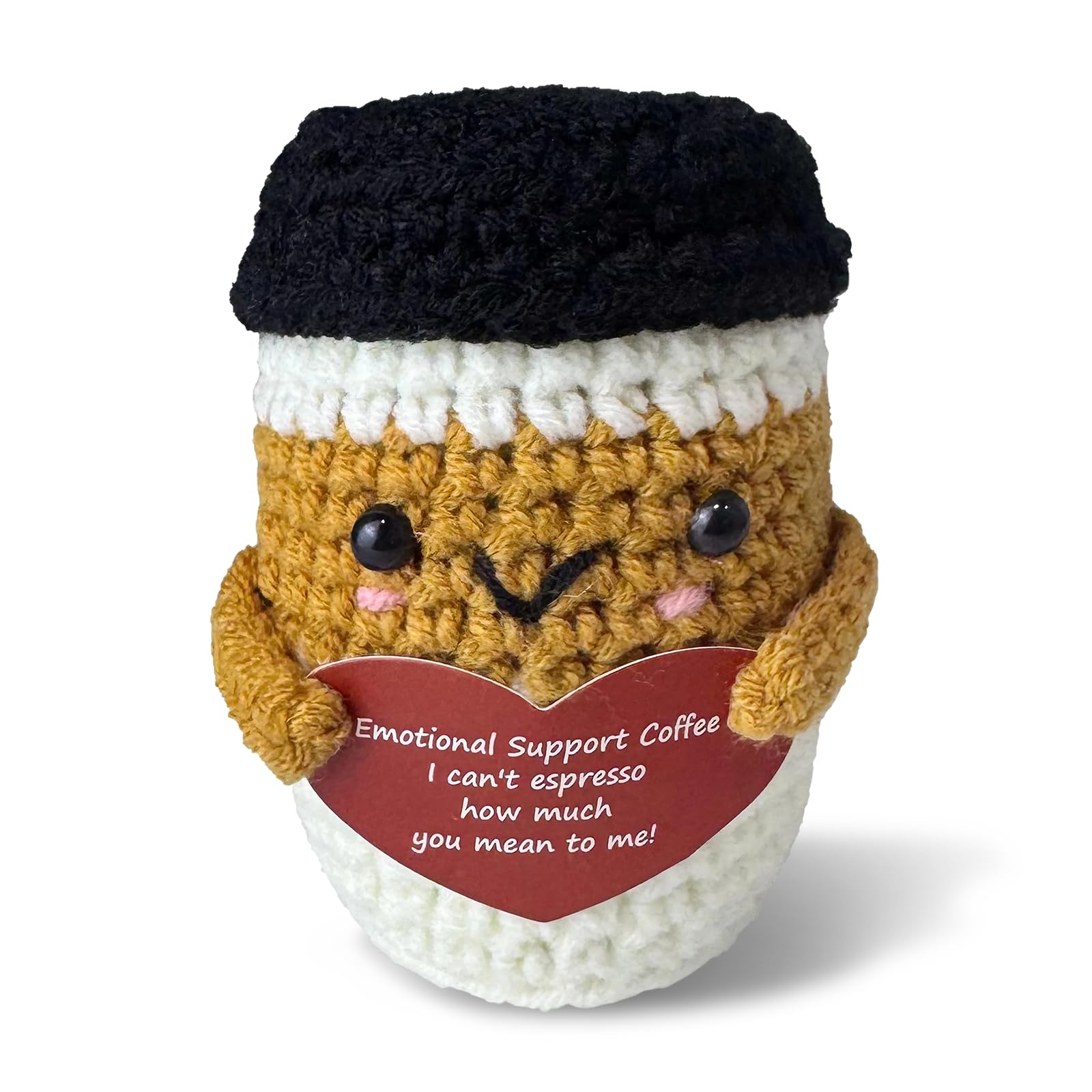Qubitly Positive Crochet Coffee Mug, Handmade Positive Plush Doll, Soft Cotton Desk Decor, Emotional Support Gift