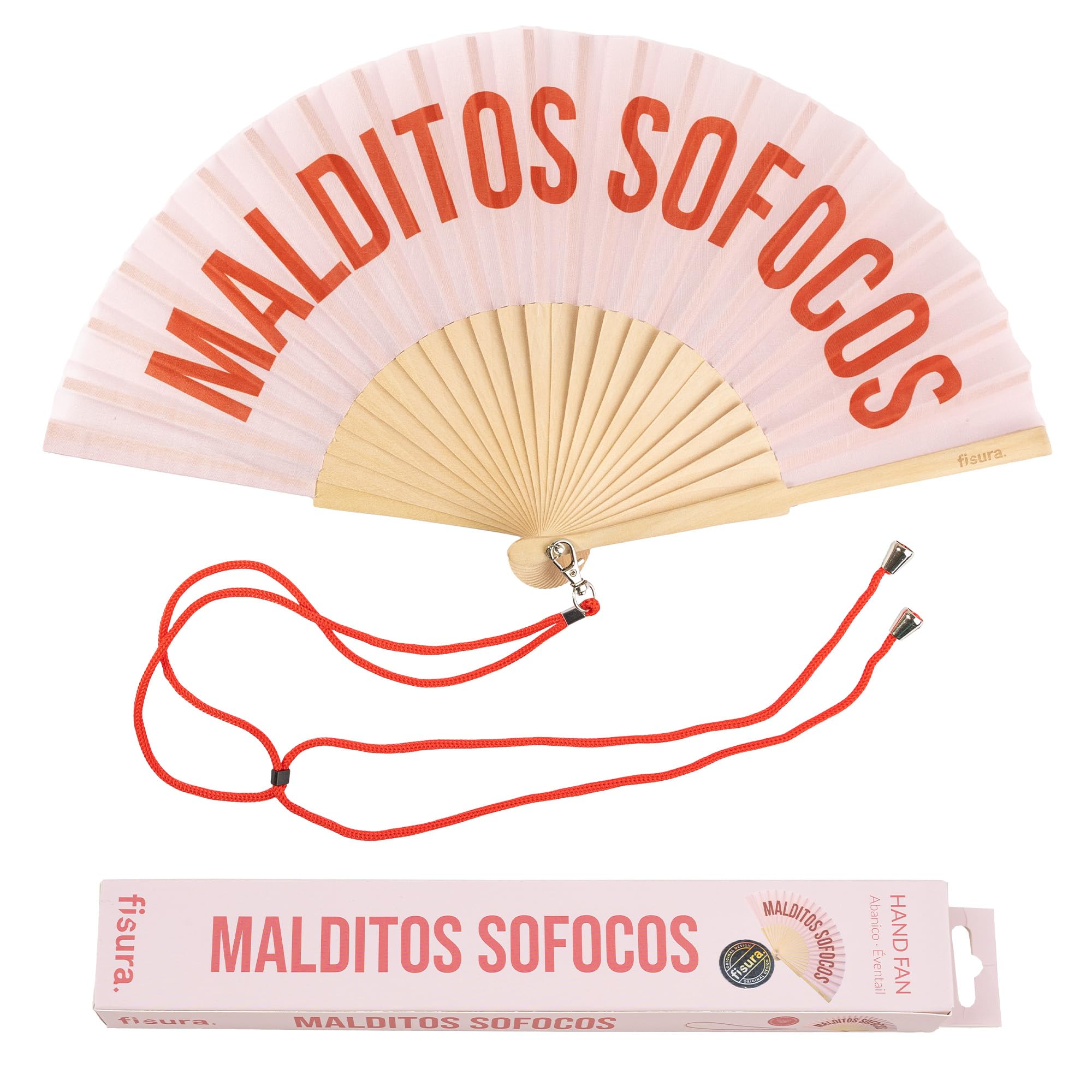 Fisura Sofocos, Red - Original Handheld Folding Fan With The Message In Spanish. Wooden Fan. Original Holding Hand Fans. Fan With Hanger Included (M*Ditos Sofocos, Pink)
