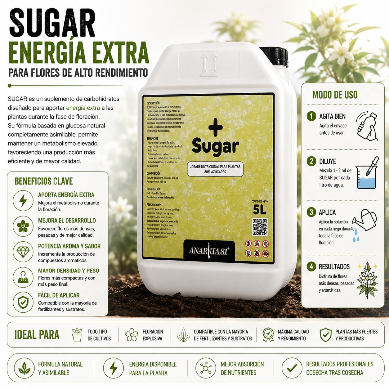SUGAR 20 L – Carbohidratos para Plantas Potenciador de Floración Energía Extra Azúcares Asimilables Mejora Aroma Sabor y Densidad Fertilizante Líquido - Anarkia81