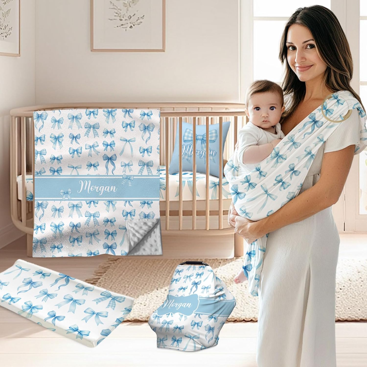 Personalized Baby Boy Crib Bedding Set – Custom Name 3-Piece Blue Bow Nursery Set with Minky Dot Blanket, Fitted Crib Sheet & Changing Pad Cover, Soft Bedding for Infants & Toddler