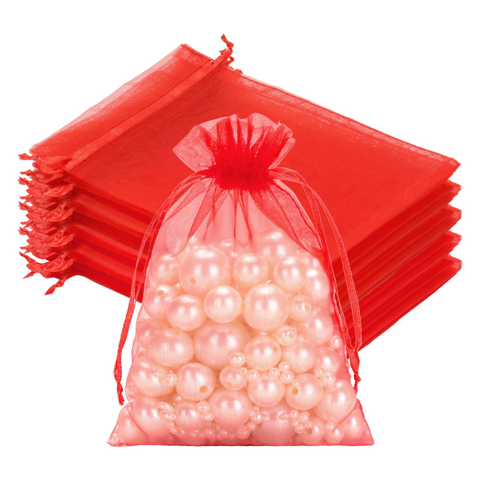 joycraft 50Pcs Hot Red Organza Bags - 4x6 In Drawstring Holiday Mesh Pouch, Sheer Organza Party Favor Bags for Christmas Gift, Halloween, Small Business, DIY Craft