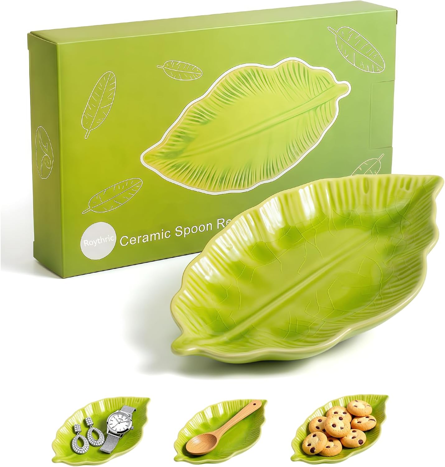Ceramic Leaf Spoon Rest for Stove Top,Cute Green Leaf Cooking Spoon Holder for Kitchen Counter,Large decorative Spatula Rest Utensil Rest,1 Pack