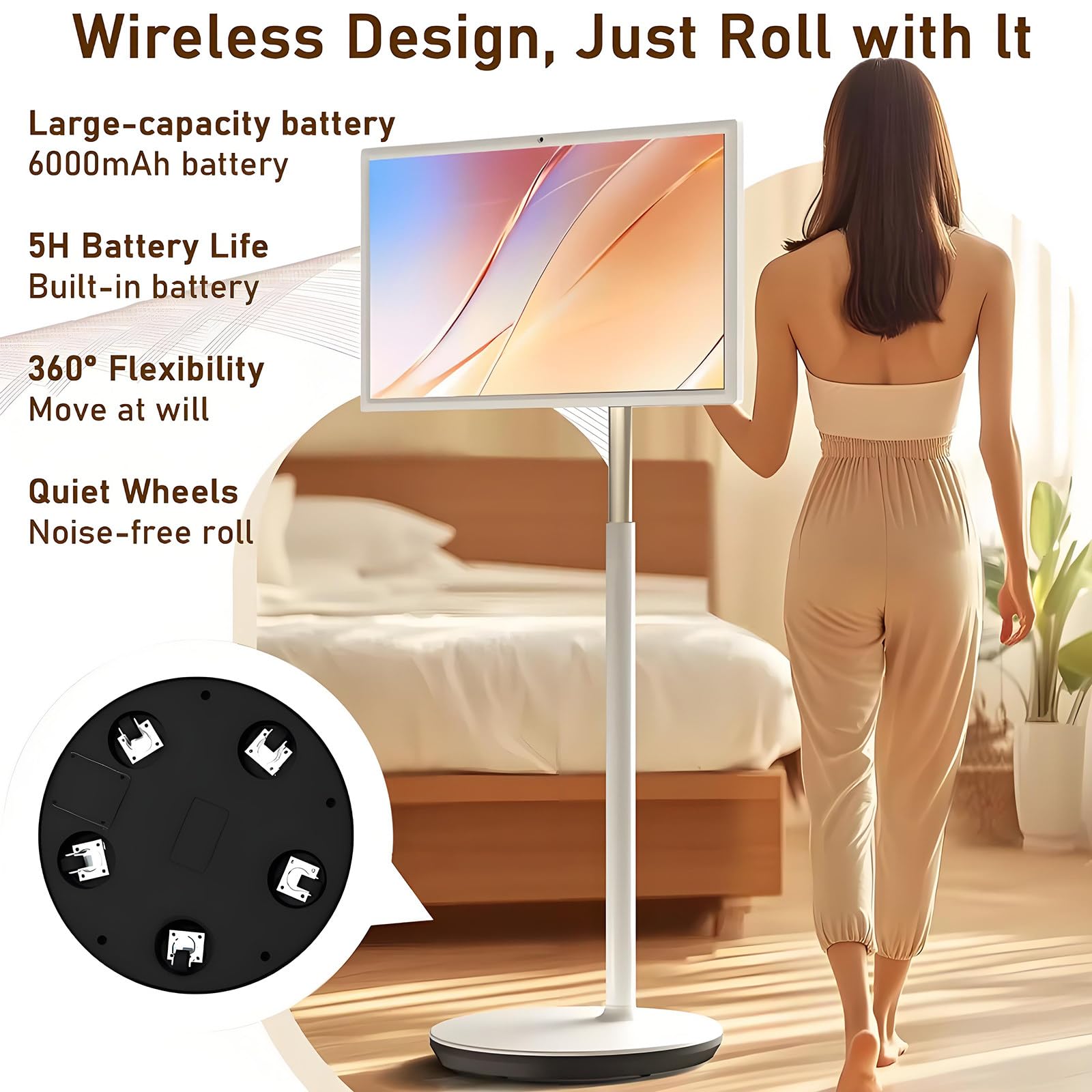 Televisor Portátil Inteligente De 21.5 Pulgadas con Pantalla Táctil Y Soporte Giratorio para Exteriores con Cámara De 8 MP Y Soporte Ajustable 6+128G