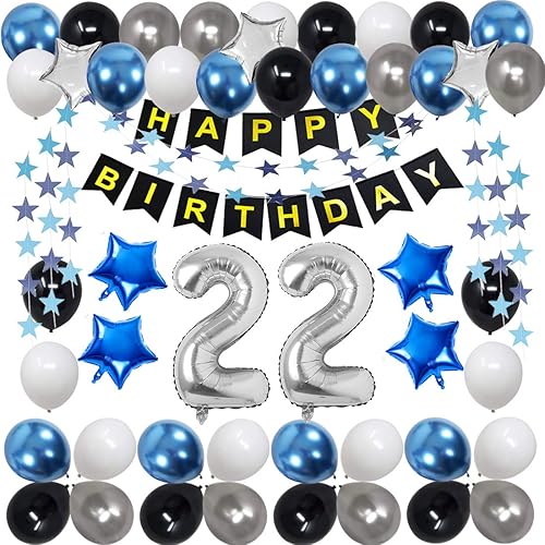Decoraciones de cumpleaños 22 para hombres, mujeres y niñas, suministros de fiesta de cumpleaños azul negro con 22 globos de plata para fiesta de disponible en Yaxa Colombia