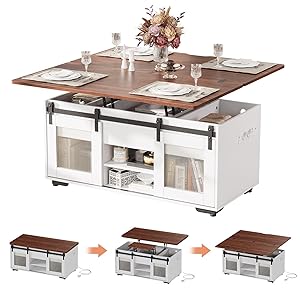 Mesa de Centro Elevable y Extensible con estación de Carga &amp; Almacenamiento, Mesa de Centro Convertible en Mesa de Comedor de Salón, Multifuncional 3 en 1 Mesita de Salón o Comedor, Fácil de Limpiar