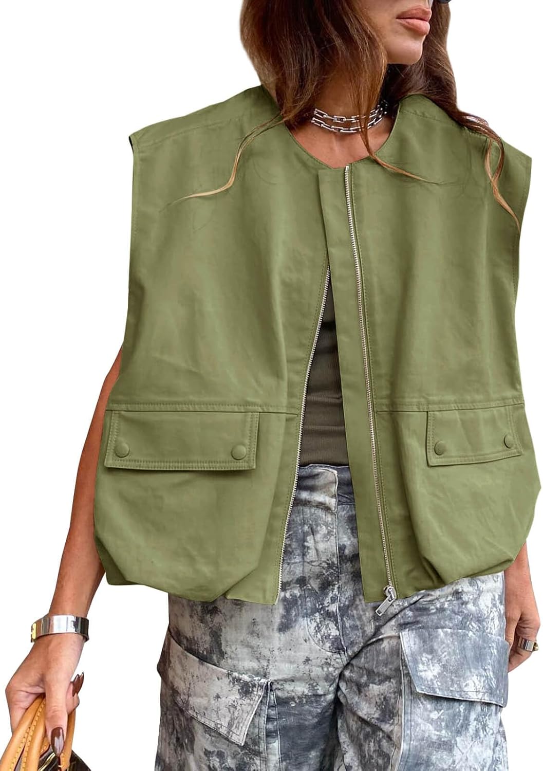Tankaneo Womens Casual Zip Up Vest Cargo Oversized Ruched Hem Sleeveless Blazer Jackets Tops