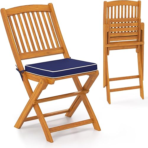 Miniatura 7 de HAPPYGRILL Juego de 2 sillas plegables para exteriores, sillas de respaldo alto de madera de acacia con cojines de asiento, silla de comedor