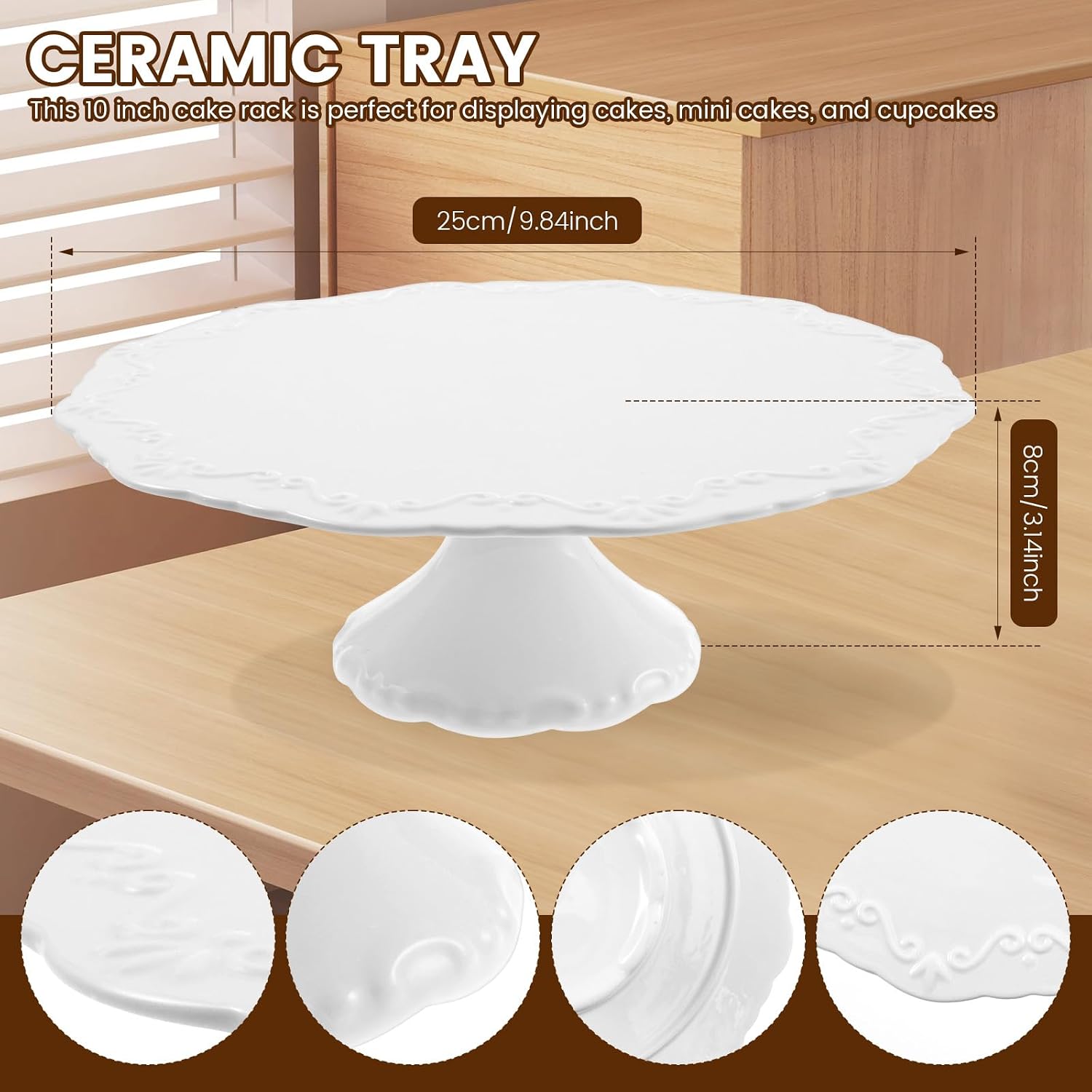 10 inch Ceramic Cake Stand, Decorative Cupcake Pedestal Stand, White Round Dessert Display Plates for Donuts Snacks and Cookies, Baby Shower, Birthday, Wedding Party Decor