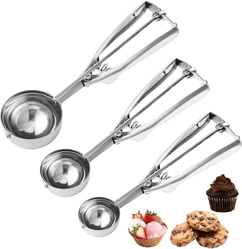 Cuchara de galletas,juego de 3 cucharadas de masa de galletas para hornear 1 cucharada, 2 cucharadas, 3 cucharadas, cuchara de helado de acero inoxidable con disparador para cupcake,helado,muffin,albóndiga,melonball