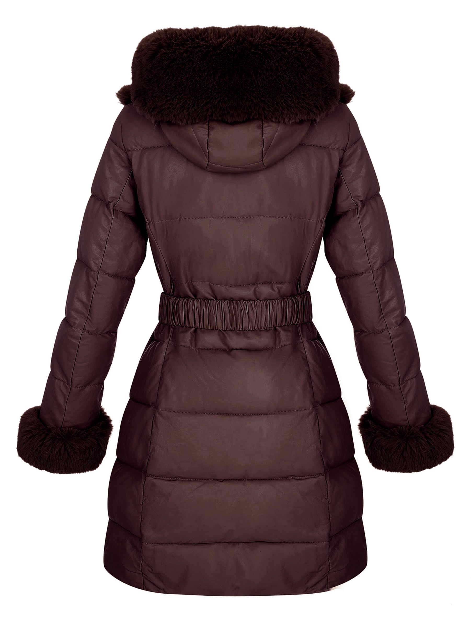 RISISSIDA Women Winter Fur Lined Coat,Puffer Jacket with Long Fur Trim Hooded,Warm Leather Bubble Overcoat Cold-resistant: Medium Burgundy Wine