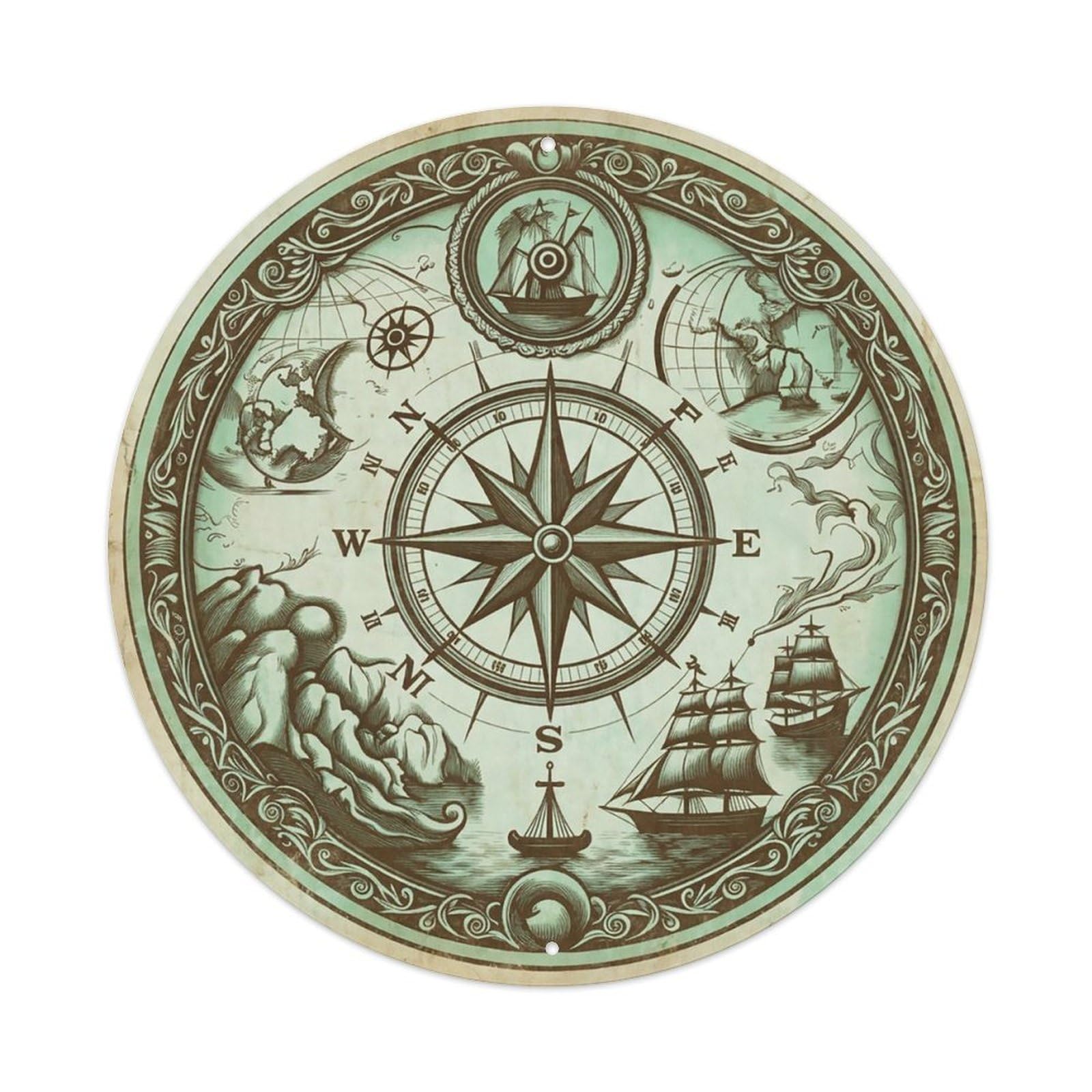 Vintage Nautical Compass World Map Pathway Path Metal Tin Sign