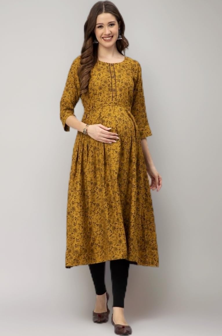 CEE 18 Cotton Rayon A-Line Flared Maternity Feeding Kurti for Women with Zippers | Maxi Gown Dress for Women | Breastfeeding Dress for Mothers | Feeding Kurti for Women | Maternity Wear for Women