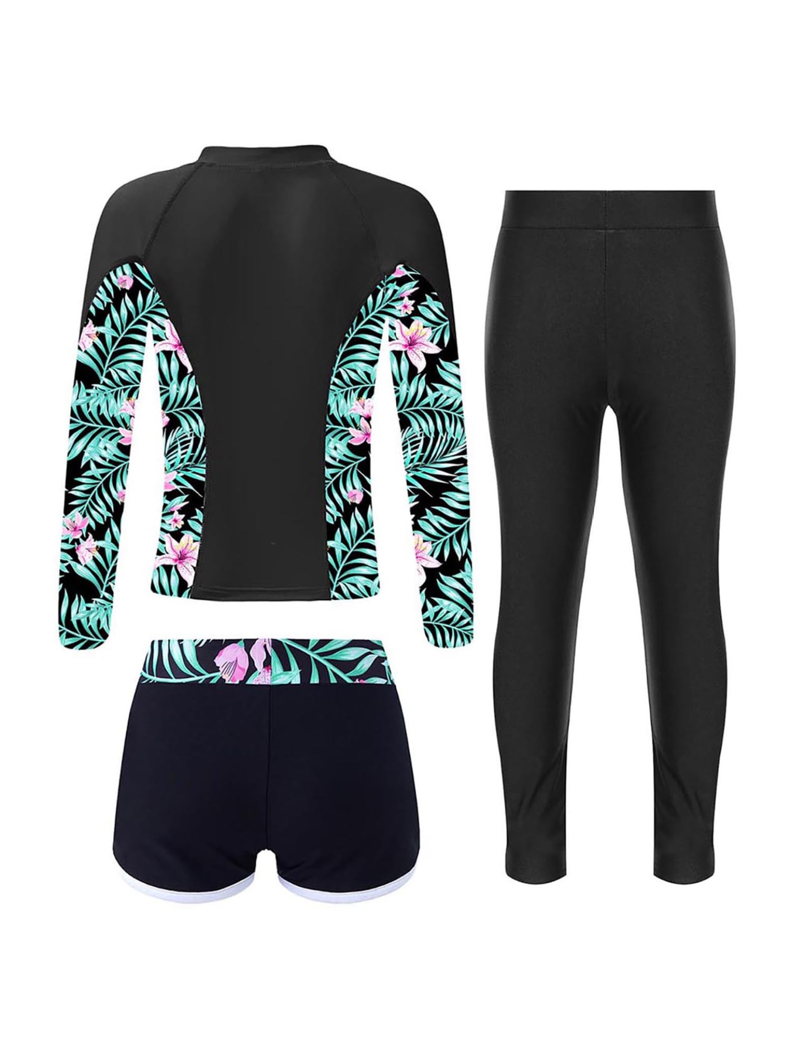 Eandarui Girls Rash Guard Sets Long Sleeve Zipper Swimwear Jacket with Shorts Leggings Kids Full Body Swimsuit Black 6 Years
