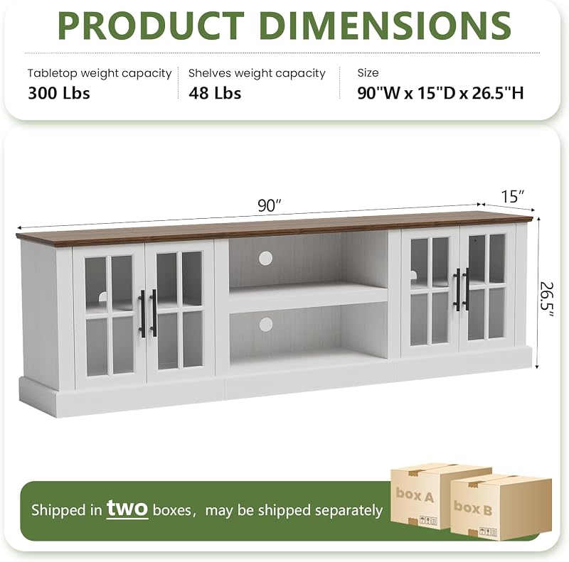 90 Inch Farmhouse TV Stand for TVs up to 100", Media Entertainment Center with Adjustable Shelves and Large Storage Cabinets, for Living Room, White image 2