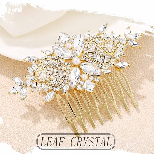 Miniatura 4 de Foyte Peine de pelo de novia de cristal, diseño de flores plateadas, tocados de hojas de pelo de hoja con diamantes de imitación, peines laterales