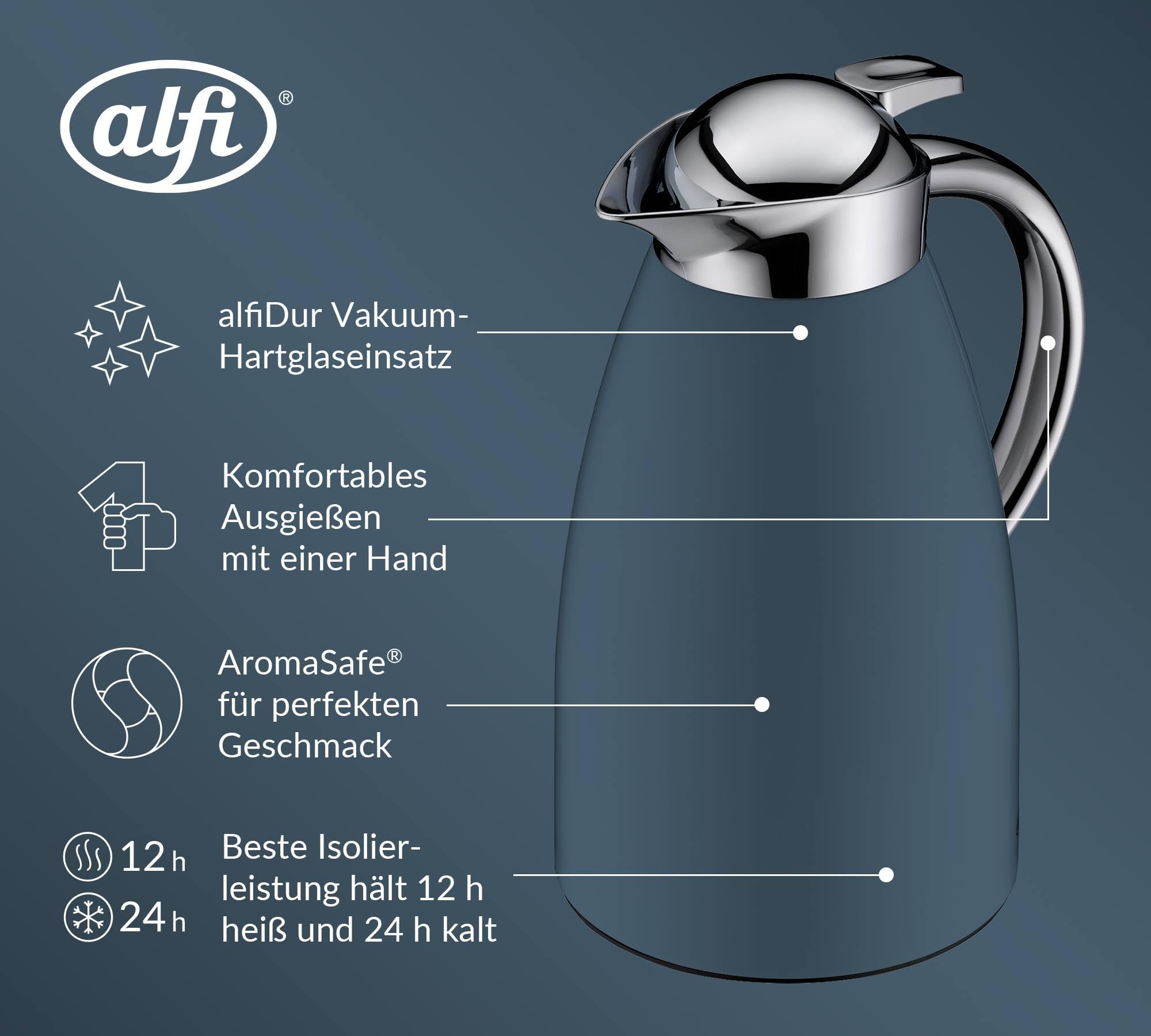 alfi SIGNO Isolierkanne 1,00 l, 12 h heiß, Edelstahlkörper, river blue | 24h kalt, Kaffee & Teekanne, Einhandbedienung, Hartglaseinsatz, Drehverschluss mit Drucktaste, blau glänzend