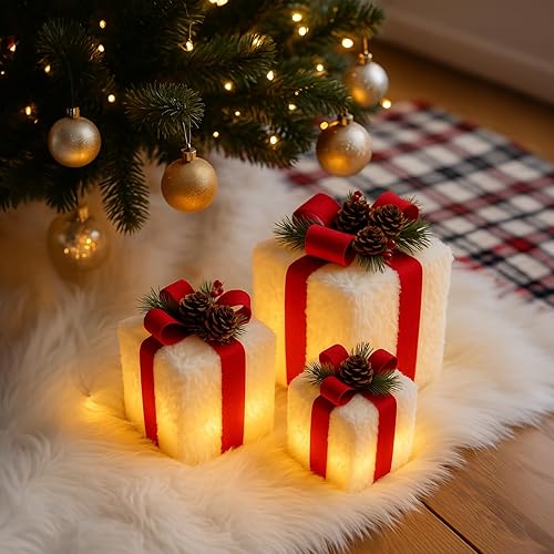 Miniatura 7 de Juego de 3 cajas de regalo iluminadas de Navidad con 60 luces LED, decoraciones navideñas enchufables para árbol de Navidad, hogar, decoración