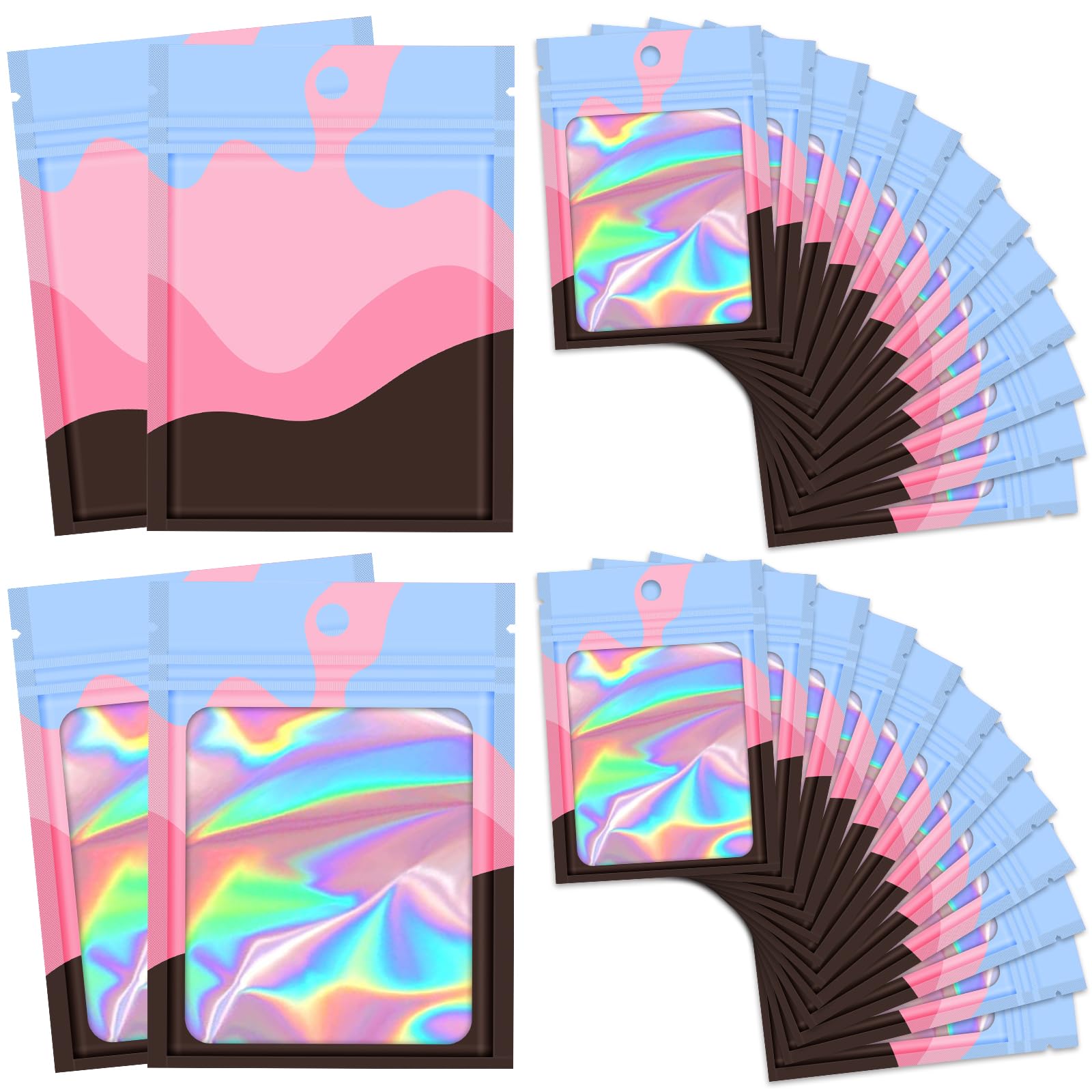 100 Pieces Resealable Bags with Clear Window, Holographic Multicolored Packaging Bags Transparent Small Business Party Mylar Zip Bags 3.5 Inch Sample