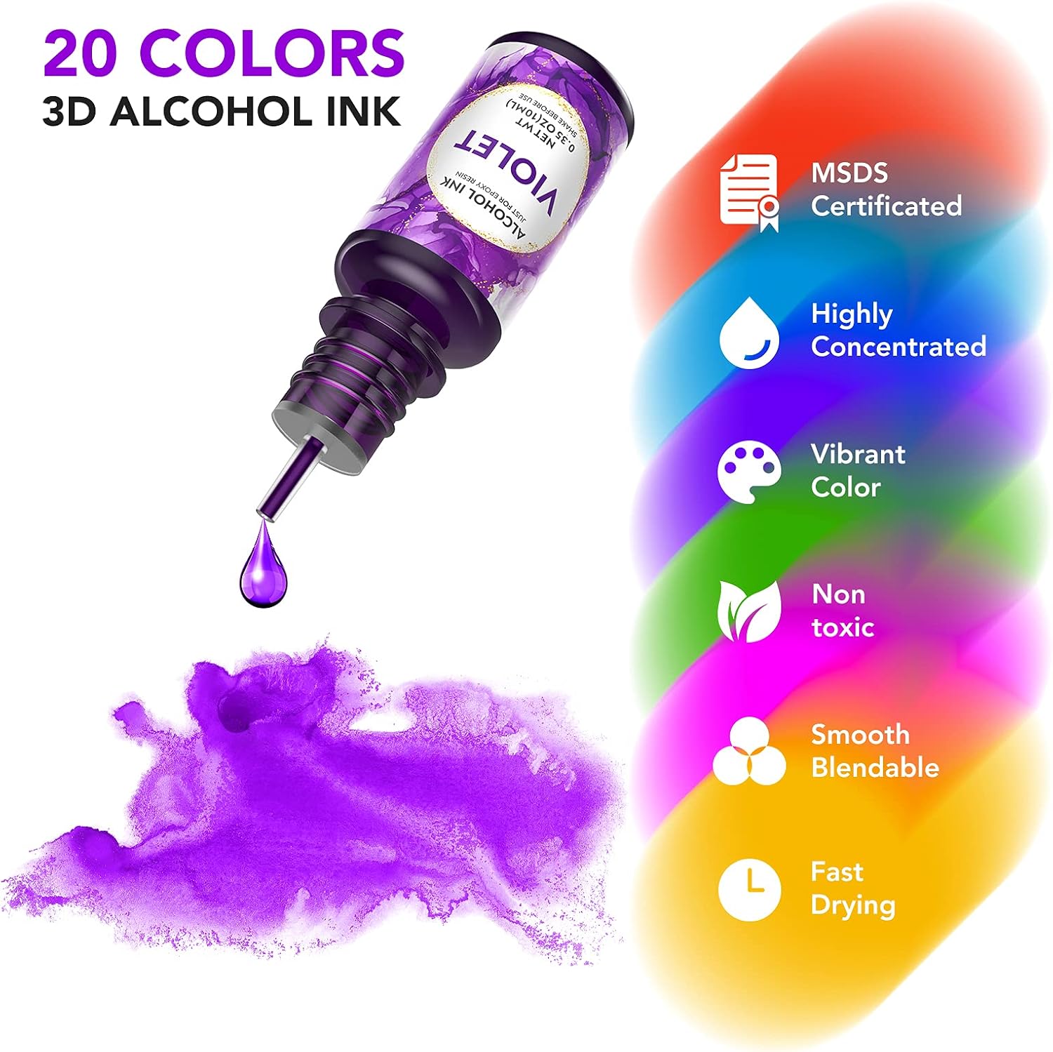 Alcohol Ink Set Resin Dye - Vibrant High Concentrated Alcohol-Based Ink, Epoxy Resin Paint Color Pigment Fast-Drying Permanent for Resin Petri Dish Tumbler Cup Making Coaster Painting (20x10ml/0.35oz)