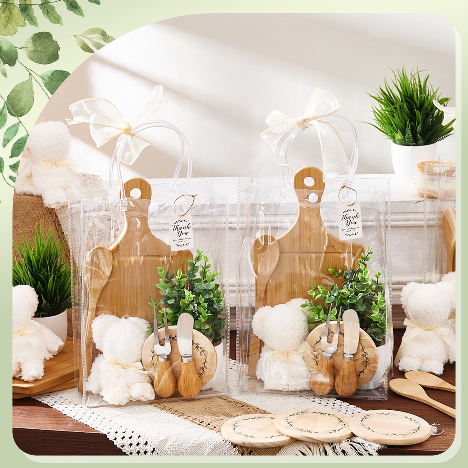 56 Pcs Baby Shower Prizes for Game Winners 6 Sets Bamboo Cheese Board Fork Butter Spreaders Coasters Towel Artificial Potted Plant Thanks Card Gift Bag for Baby Shower Wedding Bridal Shower Favors