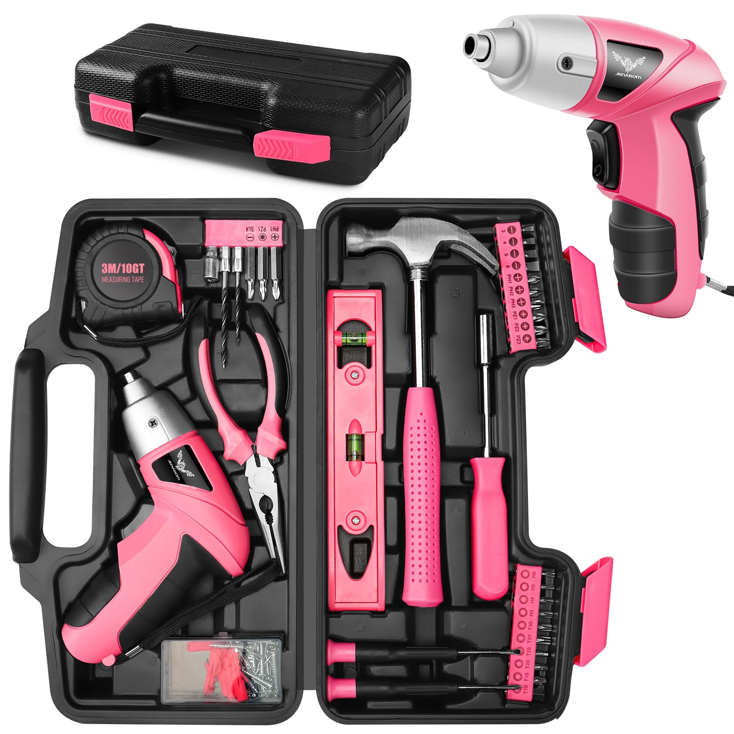 JENABOM Pink Household Tool Set with 3.6V USB Electric Screwdriver