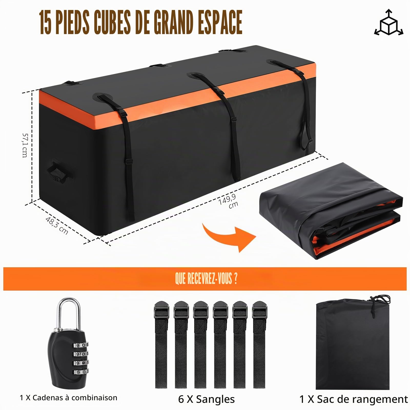 Garvee Sac de Transport pour Porte-Bagages d’attelage, 15 Pieds Cubes | étanche, Conception renforcée, Sangles résistantes, fermeture éclair étanche, installation rapide