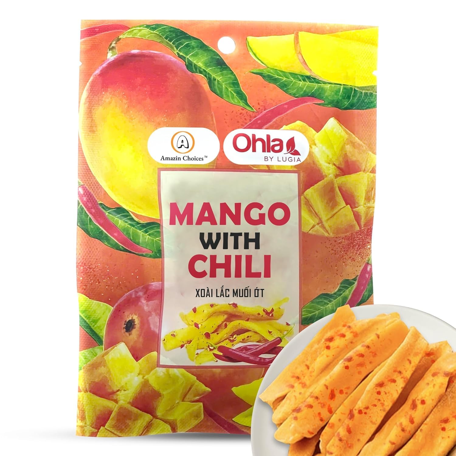 Spicy Dried Mango with Chili By Amazin Choices – Vegan Sweet & Hot Fruit Snacks, Non-GMO Dry Chamoy Mangoes Slices, Candy Bites, Gluten-Free Chili Snack Pack of 10 (1.76 oz x10)