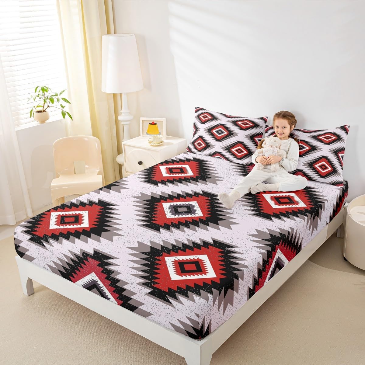 Kids Southwest Native American Design Fitted Sheet Queen Size Red Grey Geometric Bed Sheet Set for Boys Girls Teens Bedroom Decor Tribal Bedding Set Set Women Men Bed Cover with 2 Pillow Case