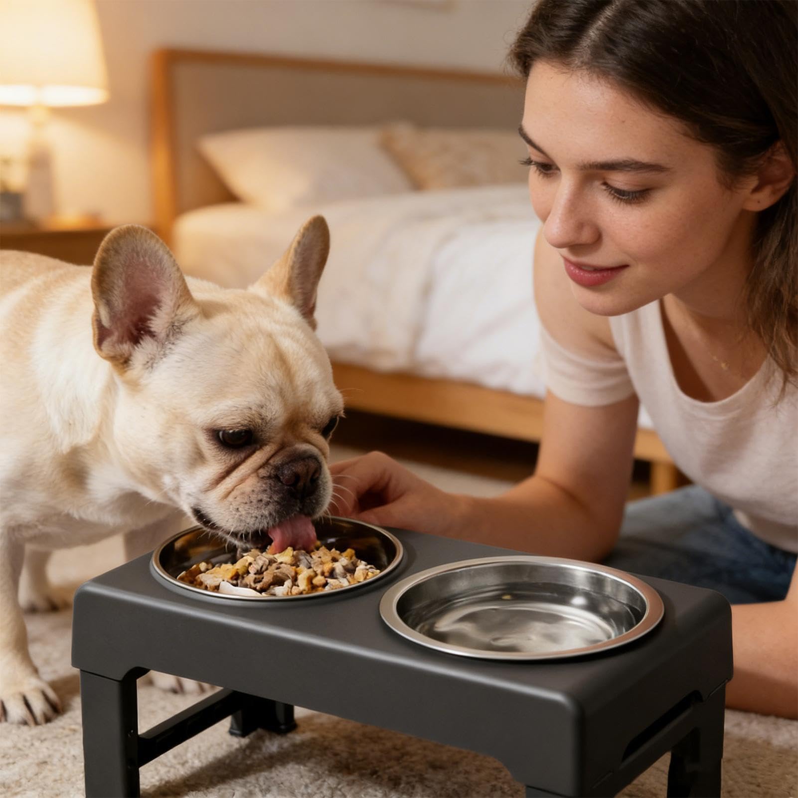 Ciotole per Cani con Supporto doppia rialzata regolabile su 3 altezze | per Gatti con Base per Interni Esterni Casa Cucina Soggiorno Viaggio Campeggio