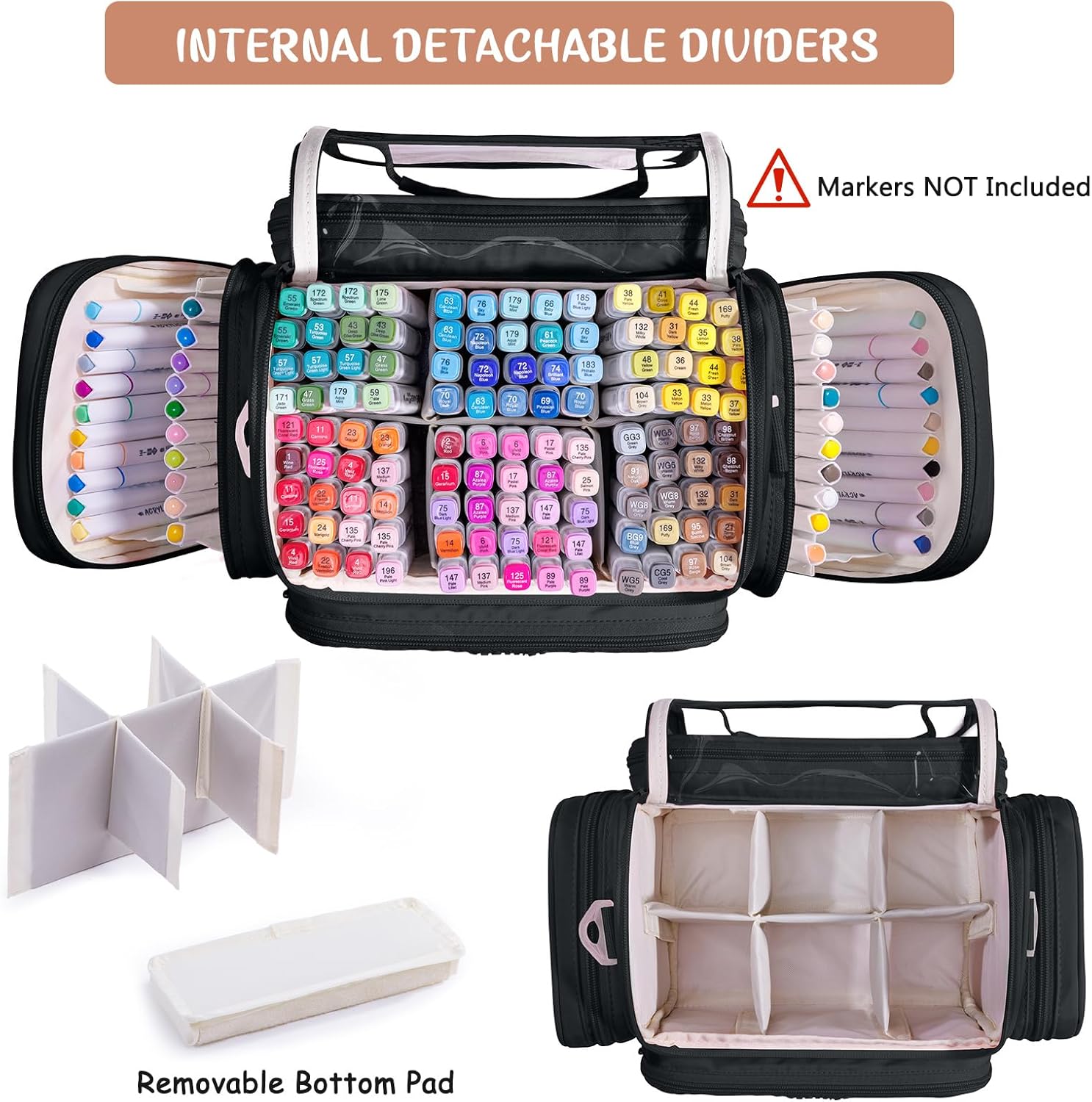 Marker Organizer Case Bag for 200-300 Markers – Large Art Supply Storage Bag with Detachable Dividers, Travel Marker Holder for Alcohol Markers, Brush Pens, Colored Pencils & Craft Supplies