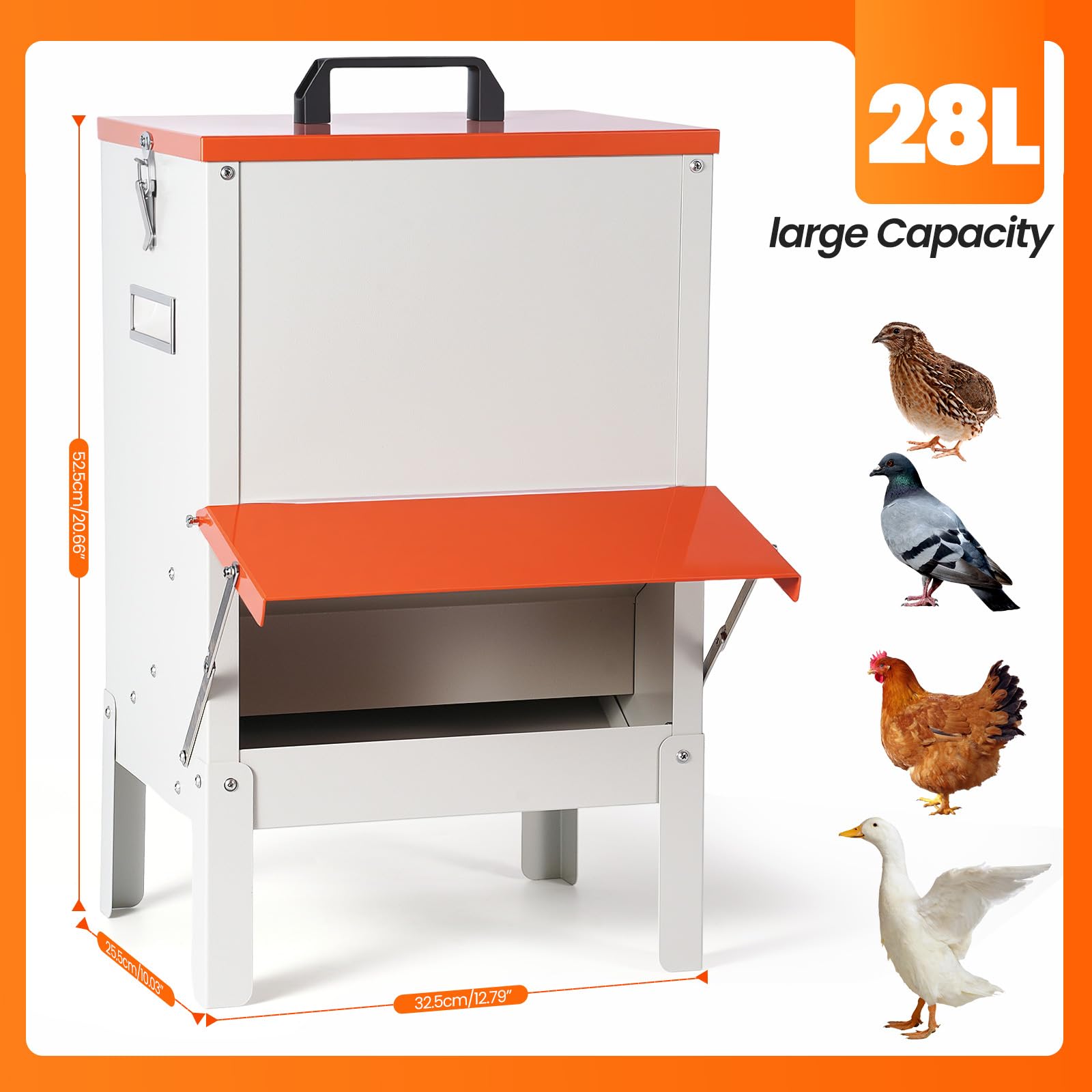 Alimentador automático de pollos colgante de metal de 30 libras, comedero para patos, para exteriores, grandes comederos para patitos al aire libre, sin residuos, alimentador automático para