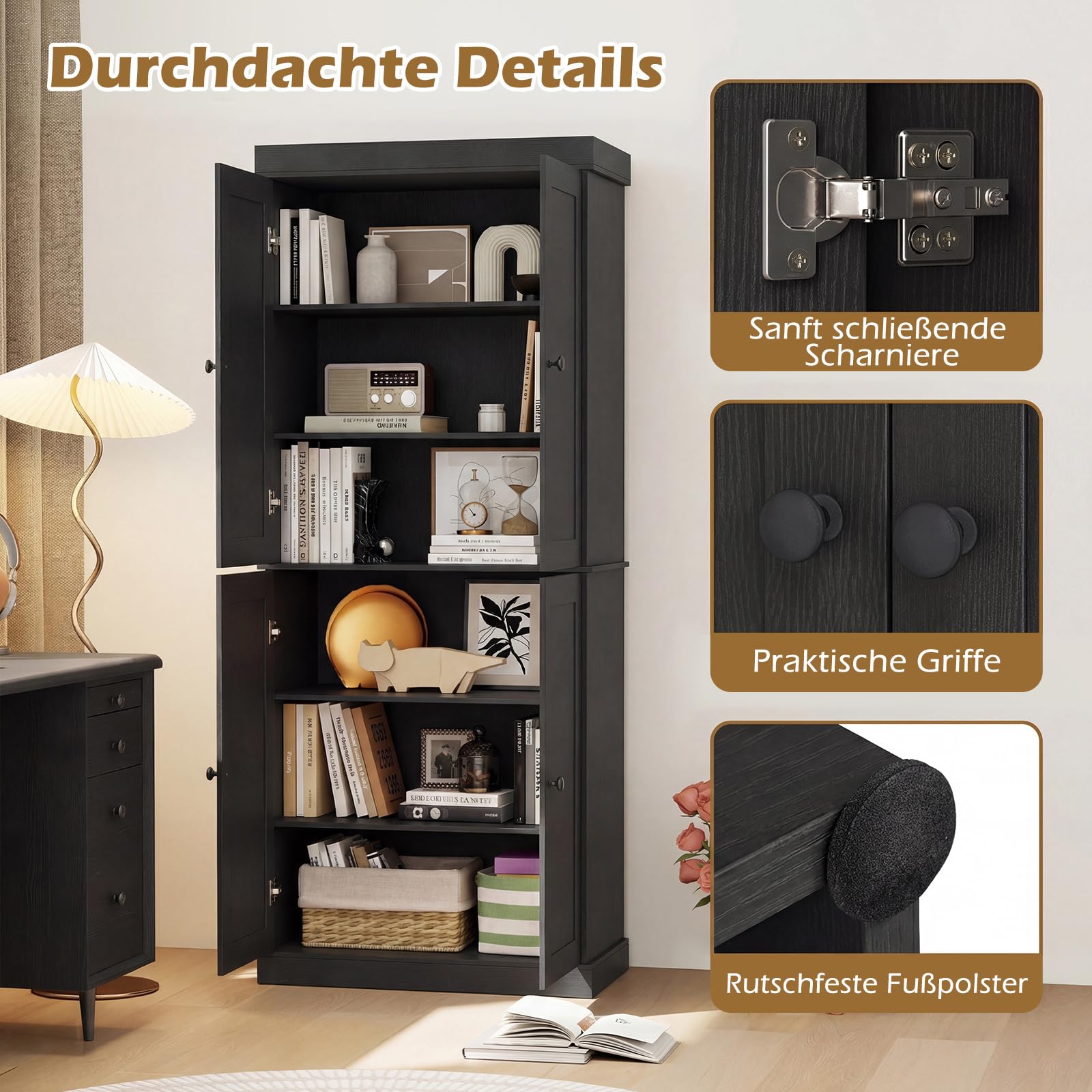 COSTWAY 6 stöckiger Küchenschrank, Hochschrank Küche mit 4 Türen & verstellbaren Regalen, Vorratsschrank freistehend, für Badezimmer, Wohnzimmer, Esszimmer, Büro, 76 x 40 x 185 cm (Schwarz)