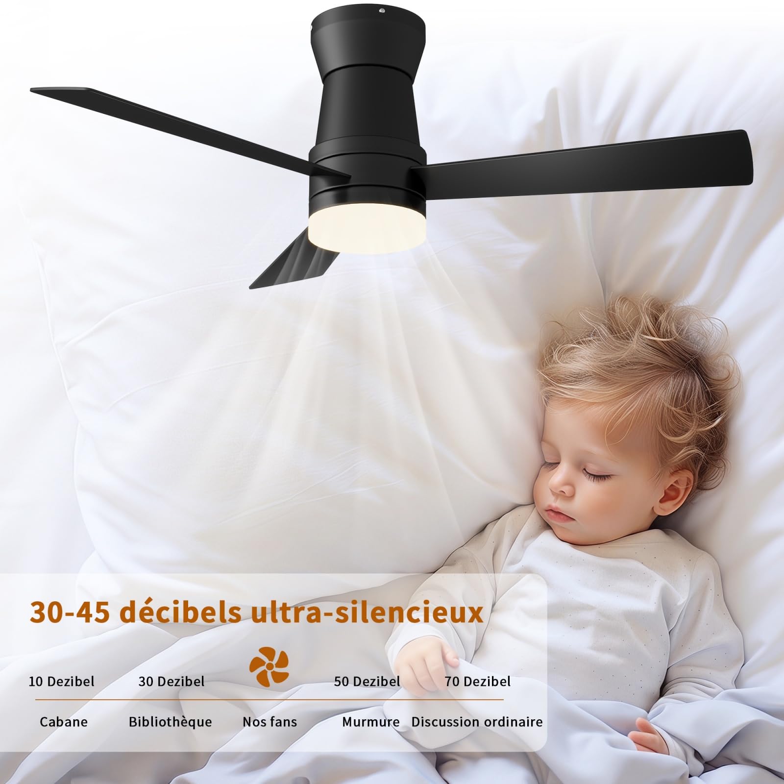 Ventilador de techo con 6 velocidades, 3 cuchillas, temporizador 1/4/8h, negro | Ventilador DC, motor de atenuador de frecuencia, funcionamiento verano/invierno,para sala de estar, dormitorio