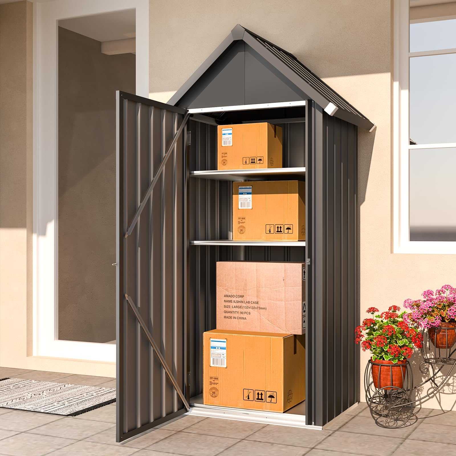 YODOLLA Metall Gartenschrank, Geräteschuppen mit Sockel & Schloss, Grau | Gartenhaus für Werkzeug & Zubehör, wetterfest, 86x55x178 cm