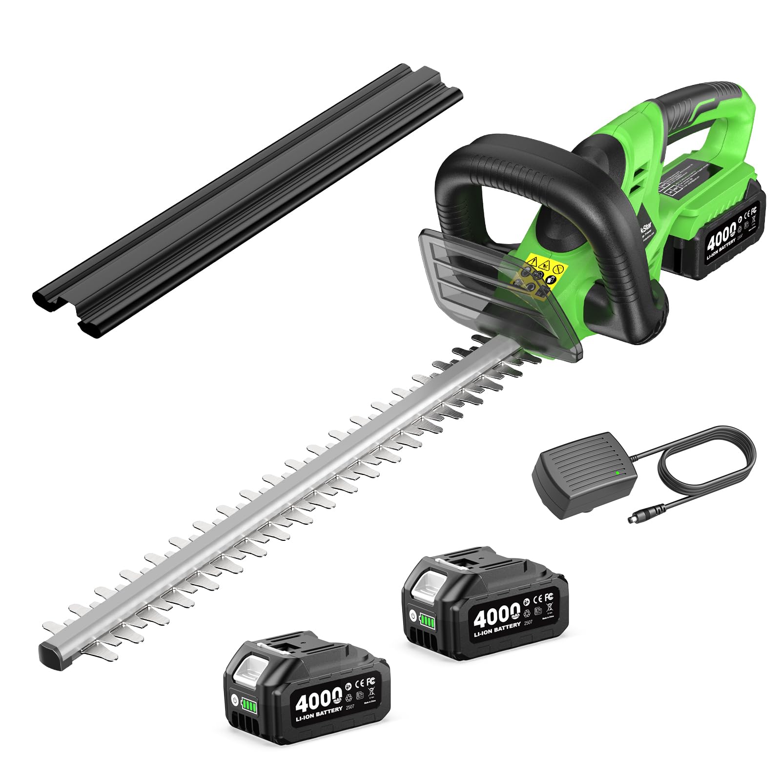 TaskStar Cortasetos Bateria: Cortasetos Electrico con Doble Cuchilla De 56 cm, Potencia De 600 W, 2×4,0 Ah Baterías, Potente para El Corte De Setos Y Arbustos