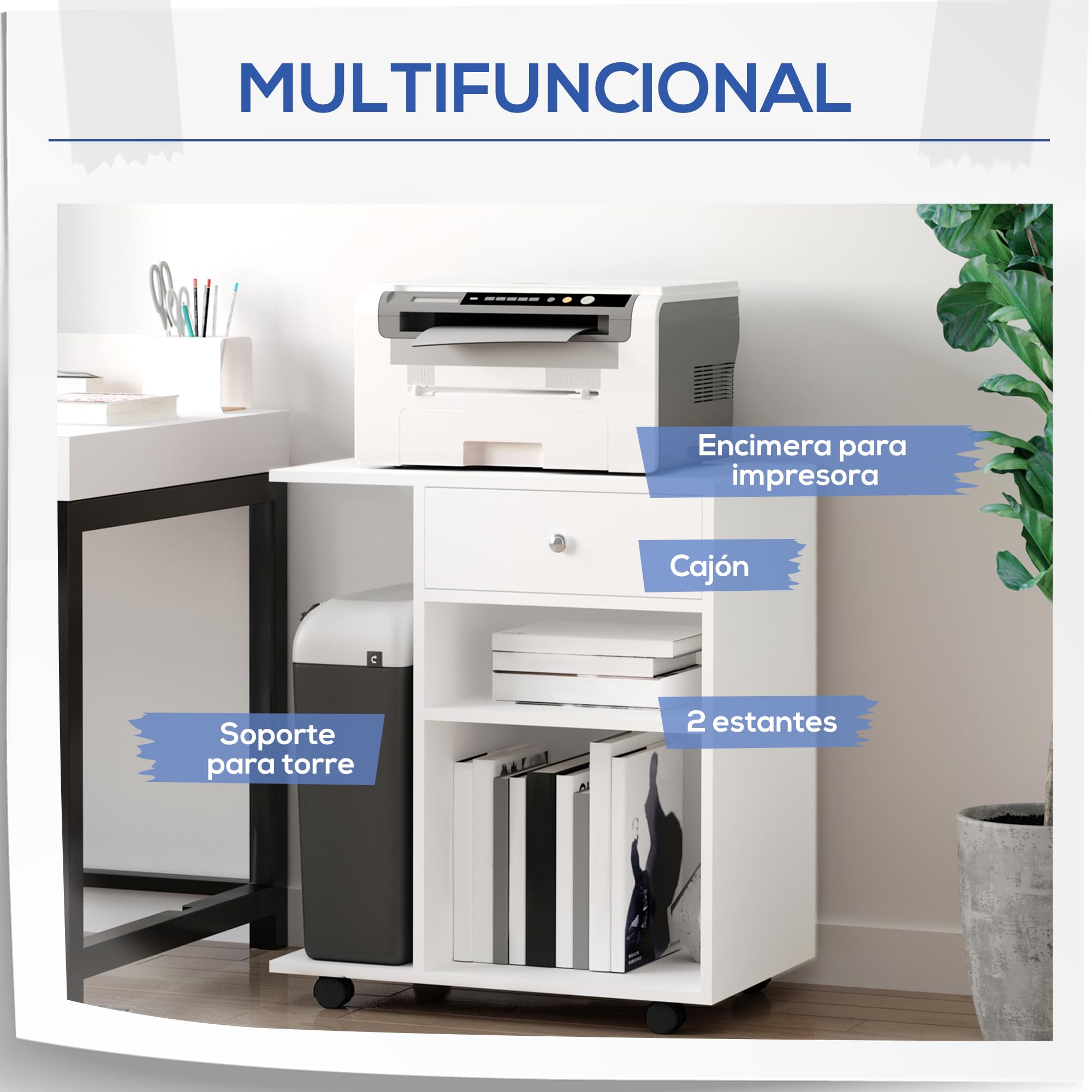 Vinsetto Armario para Impresora de Oficina Carro Multifuncional con Ruedas y Cajón 2 Compartimentos Estante Ajustable Soporte para CPU para Estudio 60x40x68,5 cm Blanco Veteado Madera