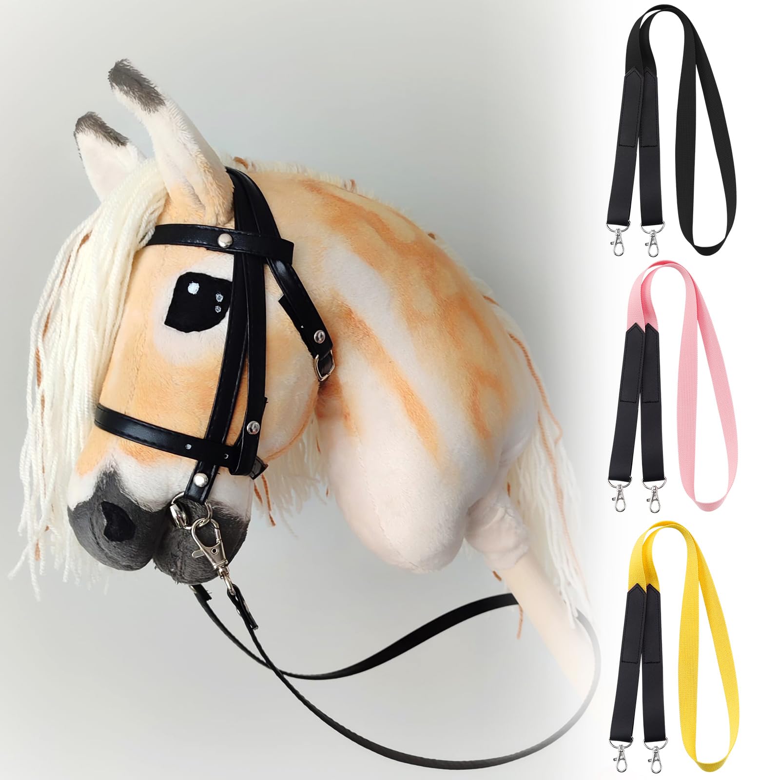 BINYI Hobby Horse uzda dla koni, akcesoria, trense, koń, dzianina, 3 pary cugli, kucyk, zestaw 120 cm, uzda do konia kijowego, drewnianego, z karabińczykiem (3 kolory)