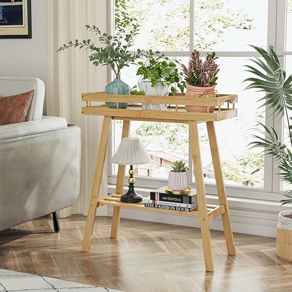 BAMBOOHOMIE Bamboo Plant Stand Indoor, 2 Tier Plant Table for Indoor Plants, Window Tall Plant Bench Shelf Flower Pot Holder for Living Room Patio Balcony
