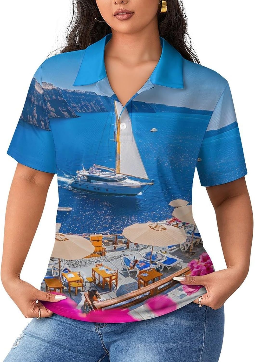 Santorini Greece Landscape Womens Golf Polo Shirts Collared Short Sleeve T Shirt Casual Athletic Tops