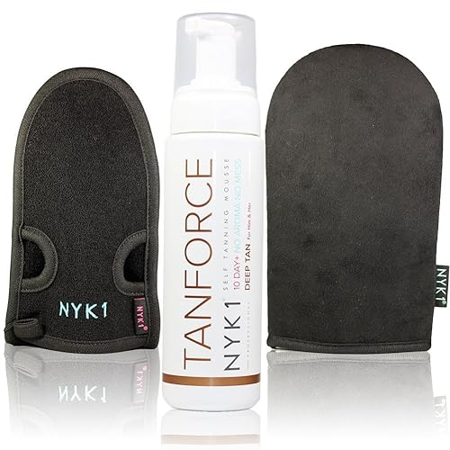 NYK1 Kit de bronceado TanForce, MegaMitt y ExfoliMitt Invisible, bajo olor, autobronceador desarrollador de aspecto delgado, mousse de bronceado