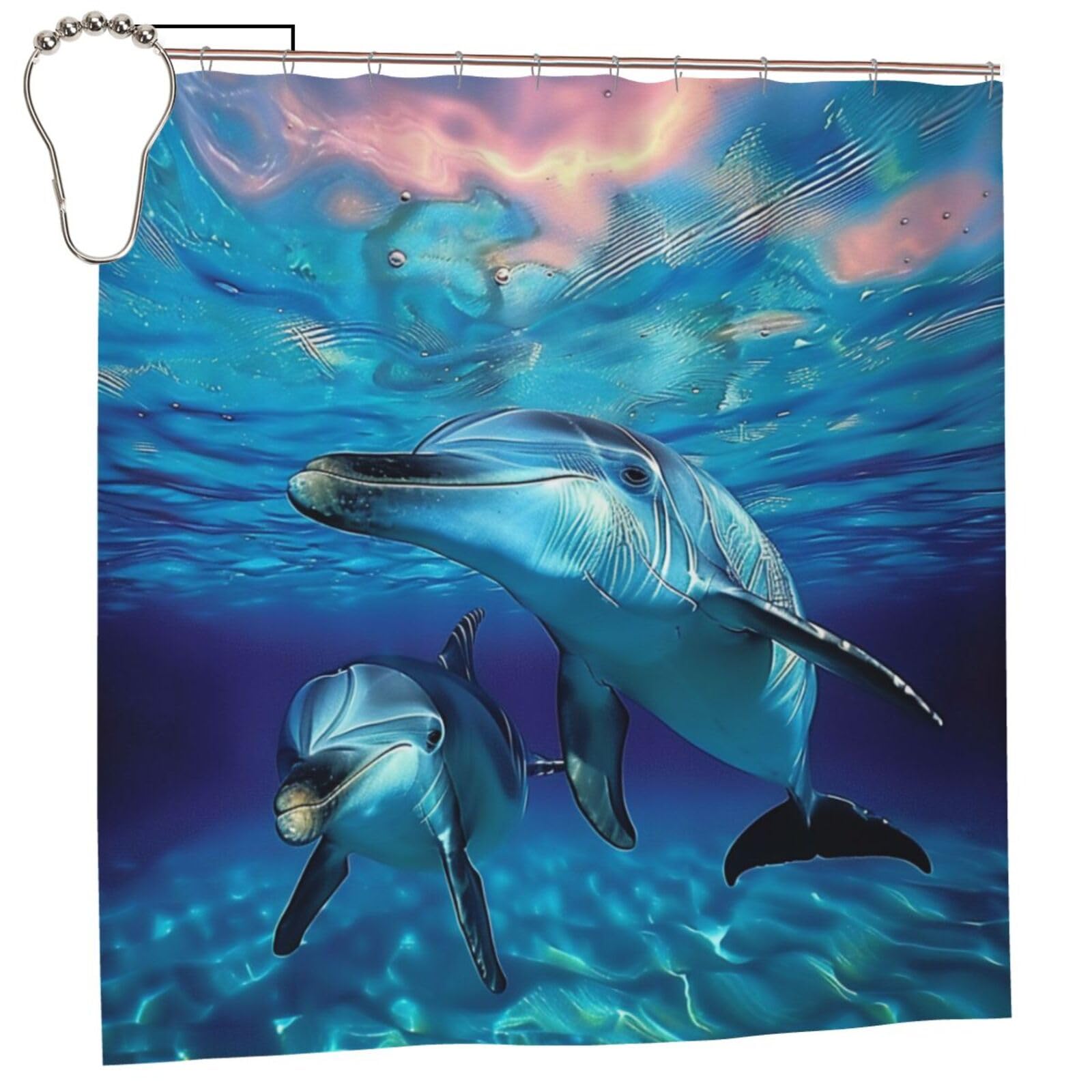 BWWHCCTI Dolphin Printed Shower Curtain With 12 Iron Hooks Opaque Quick Drying Waterproof Shower Curtains Sets For Bathroom 183x183 CM