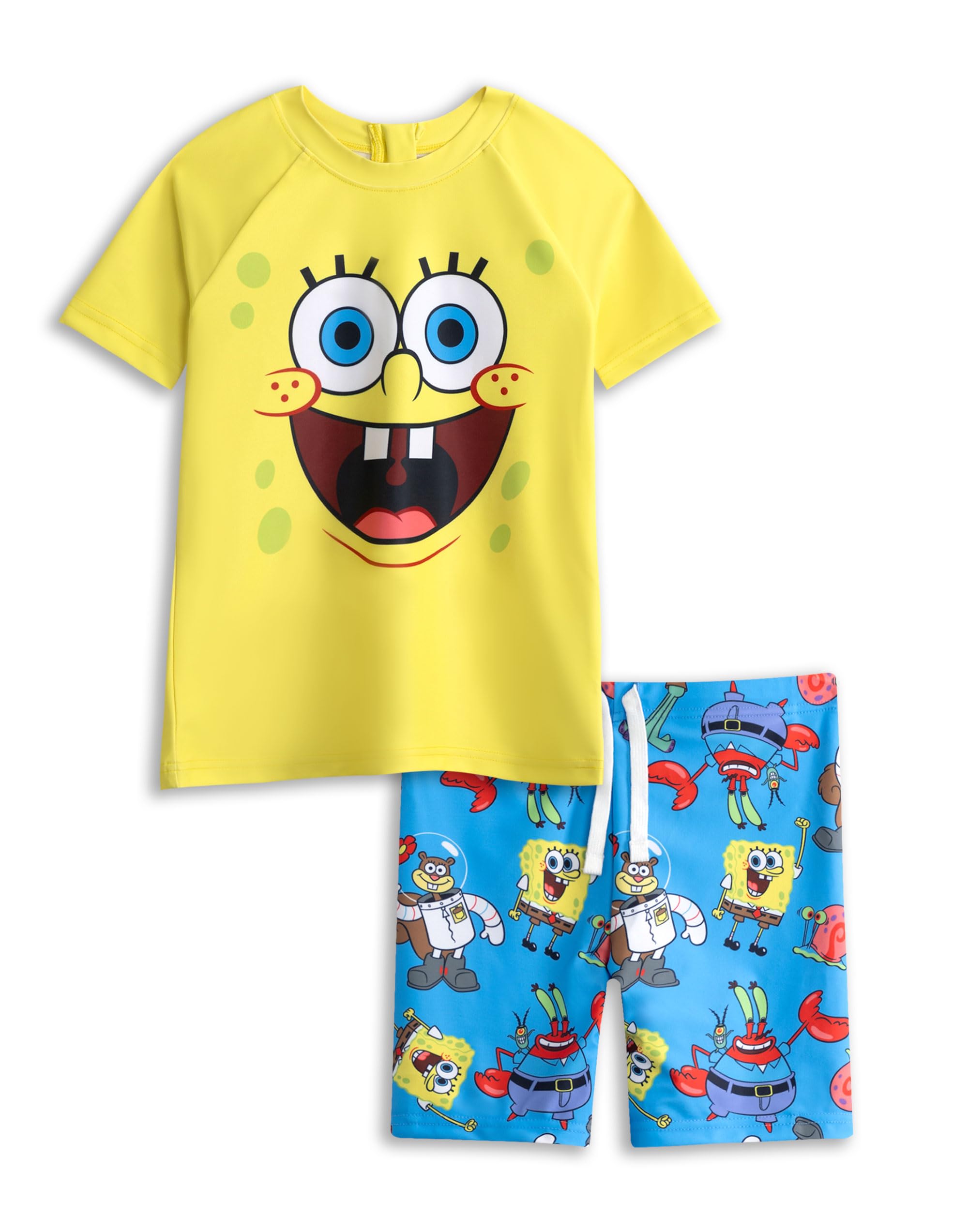 Spongebob Squarepants Boys Yellow & Blue Yellow Blue 2 Piece Swim Set | Short Sleeve Crew Neck Top & Shorts With Drawstring Waist | All-Over Character Graphic Print | Spongebob Merch - 3-4 Years