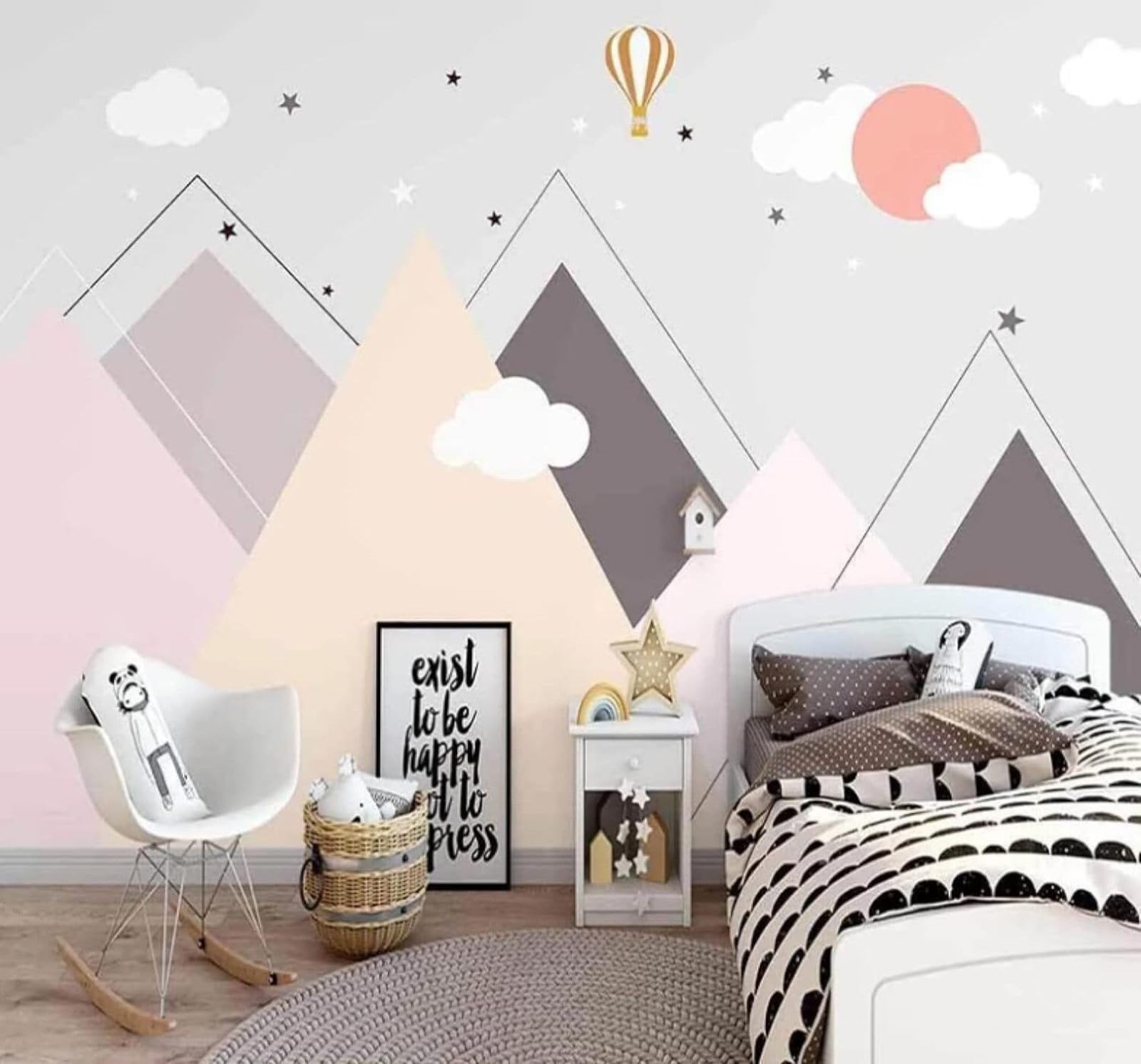 Wallpaper-3D-Xlm 200Cm×140Cm(B×H) Cartoon White Clouds Stars Mountains Hot Air Balloon 3D Wallpaper Easy Install Feature Office Living Room Sofa Bedroom Tv Background Wall Decoration-200Cm×140Cm