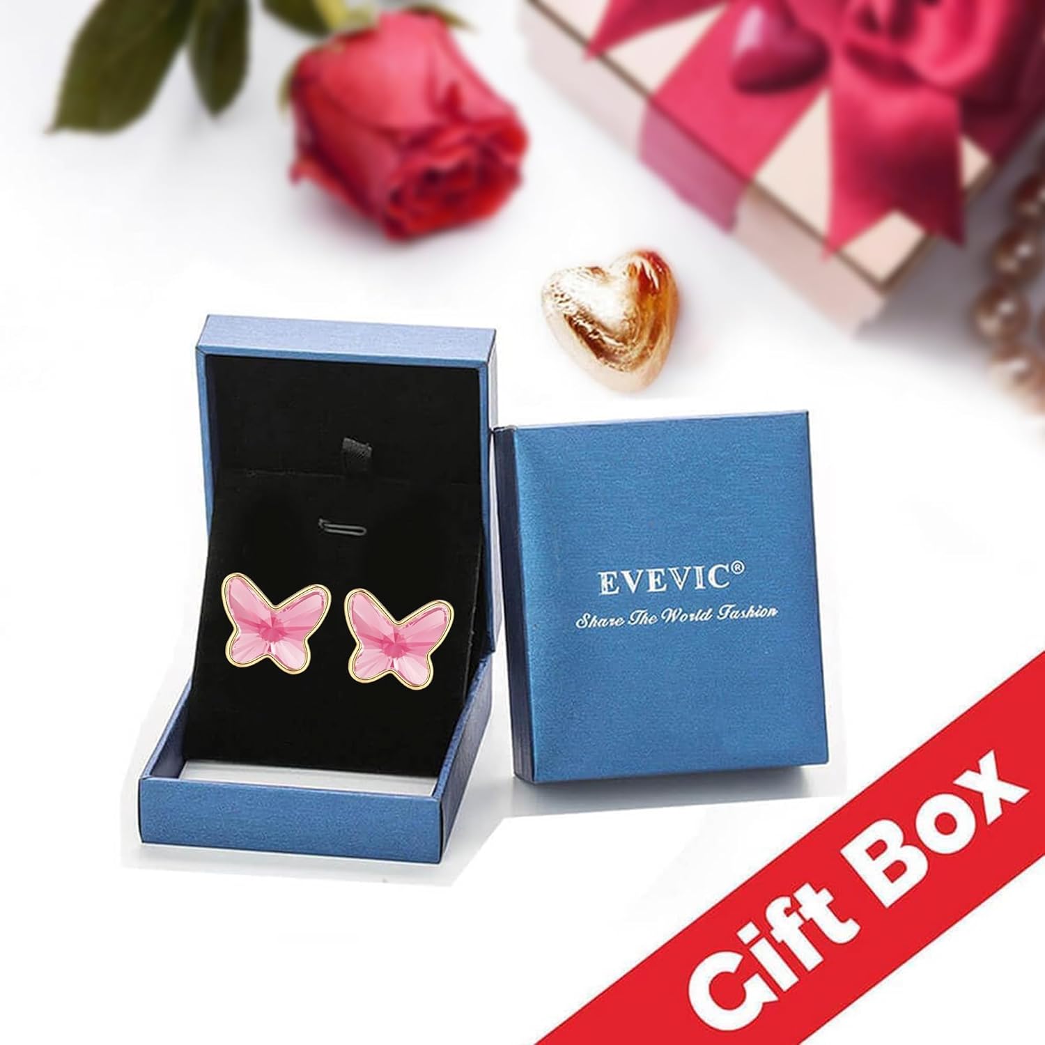 EVEVIC Austrian Crystal Butterfly Stud Earrings for Women S925 Sterling Silver Post with 14K Gold Plated Hypoallergenic Jewelry Gift - Image 7
