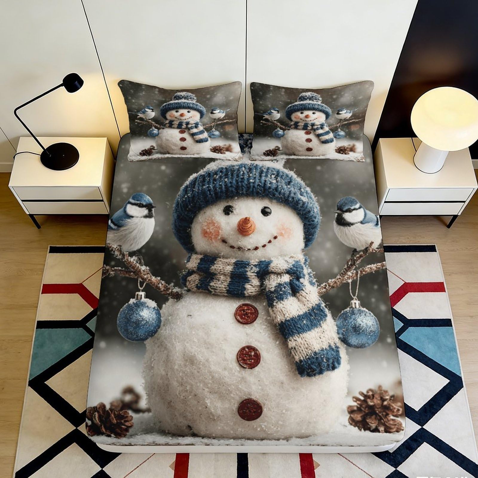 Jqzkxnhpbr Style-6 3D Printed Snowman Blue Winter Fitted Sheet Microfiber Soft Bed Cover For Bedroom Guestroom Dorm Mattress Decor 90X200x25cm