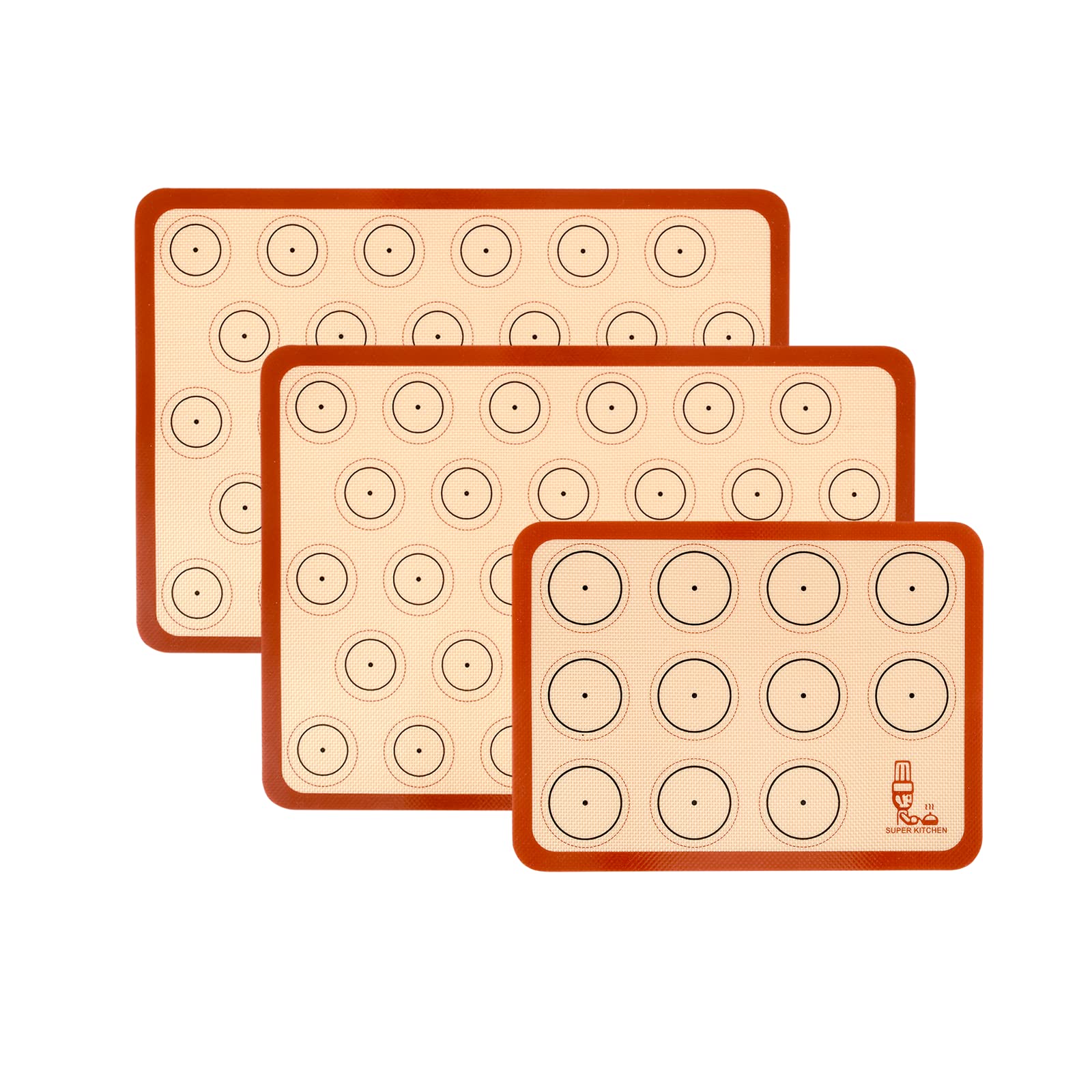 SUPER KITCHEN Silicone Baking Mats Macaron Cookie Sheet - Set of 3, Non Stick Oven Tray Liners for Macaroons/Cake/Pizza/Bread Making,42x29.5cm, 29.2×21.6cm (Red)