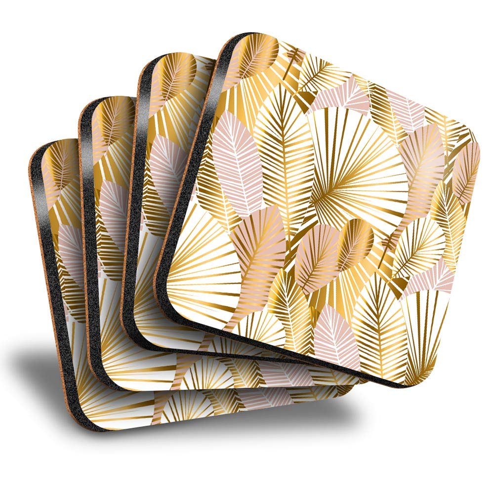 Destination Vinyl Ltd Great Coasters (Set of 4) Square - Gold Art Deco Palm Leaves Drink Glossy Coasters/Tabletop Protection for Any Table Type #2456