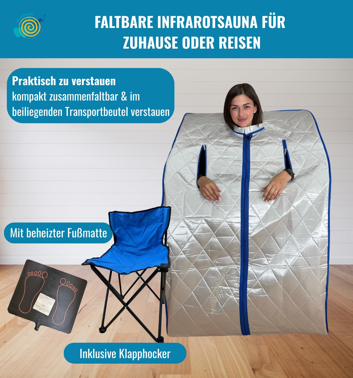 Mobile Infrarotsauna XL Deluxe 1000 W | Tragbare Sauna für 1 Person mit Campingstuhl | Faltbare Wellnesskabine für Zuhause | Kompakte Wärmekabine für Entspannung & Stressabbau
