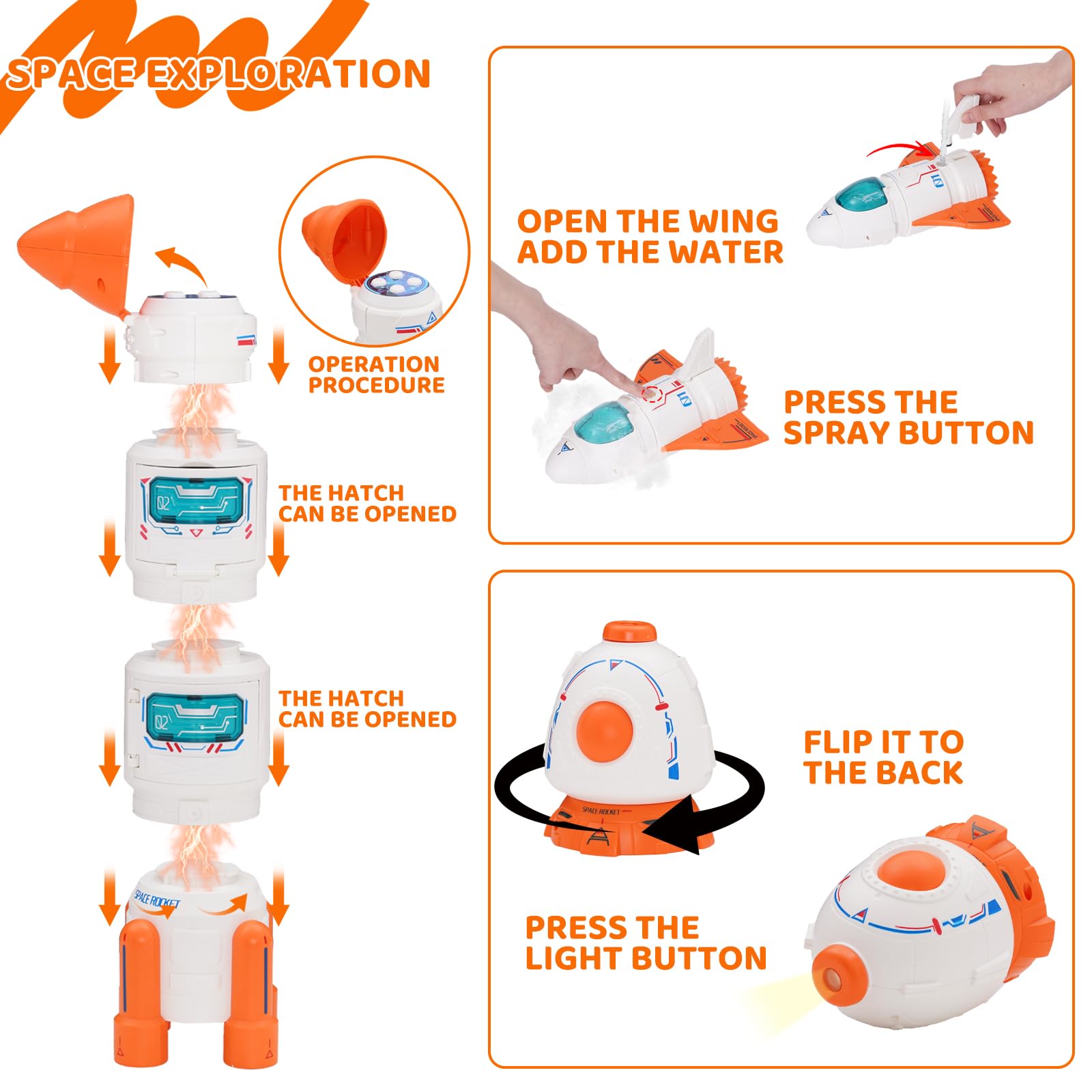 Cohete Juguete, Modelo Avión Espacial con Astronauta, Nave Espacial para Niños y Niñas, Kit Exploración con Sonido y Luz, Regalo Días Festivos(Orange)