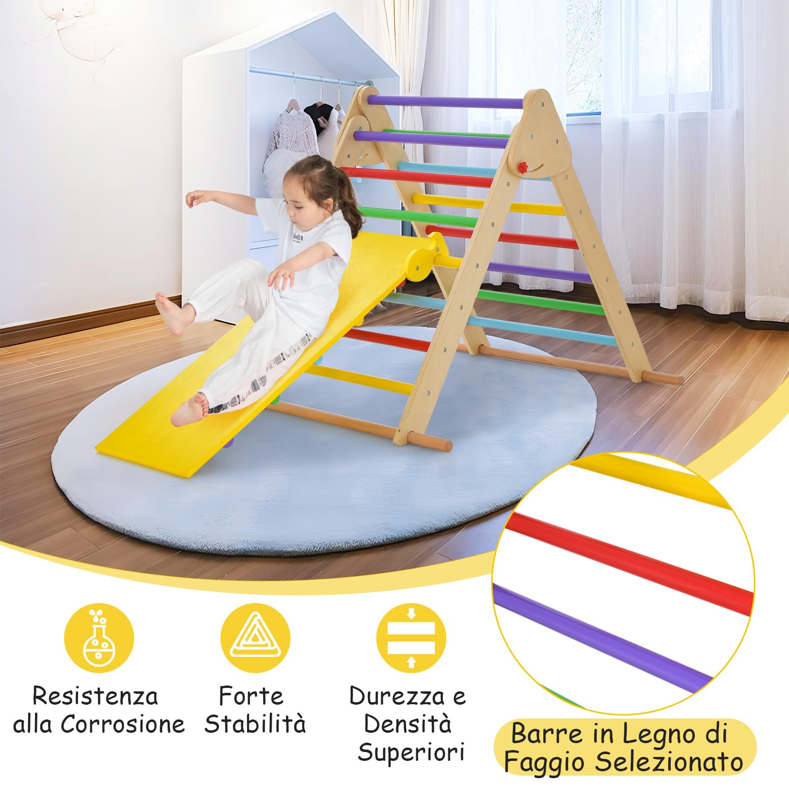 GYMAX Triangolo Di Arrampicata 2 In 1 Per Bambini Con Scivolo Regolabile – Legno Naturale, Sicuro